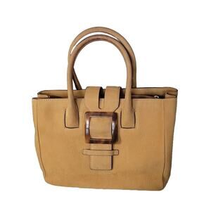 Adrienne Vittadini Tan Suede Handbag Tortoise Shell Clip PURSE Satchel Golden